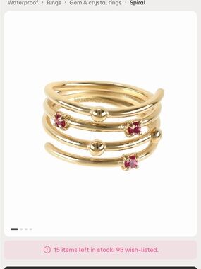 Hey Harper Waterproof/Tarnishproof Gold Spiral Ring with Pink Gem Stones